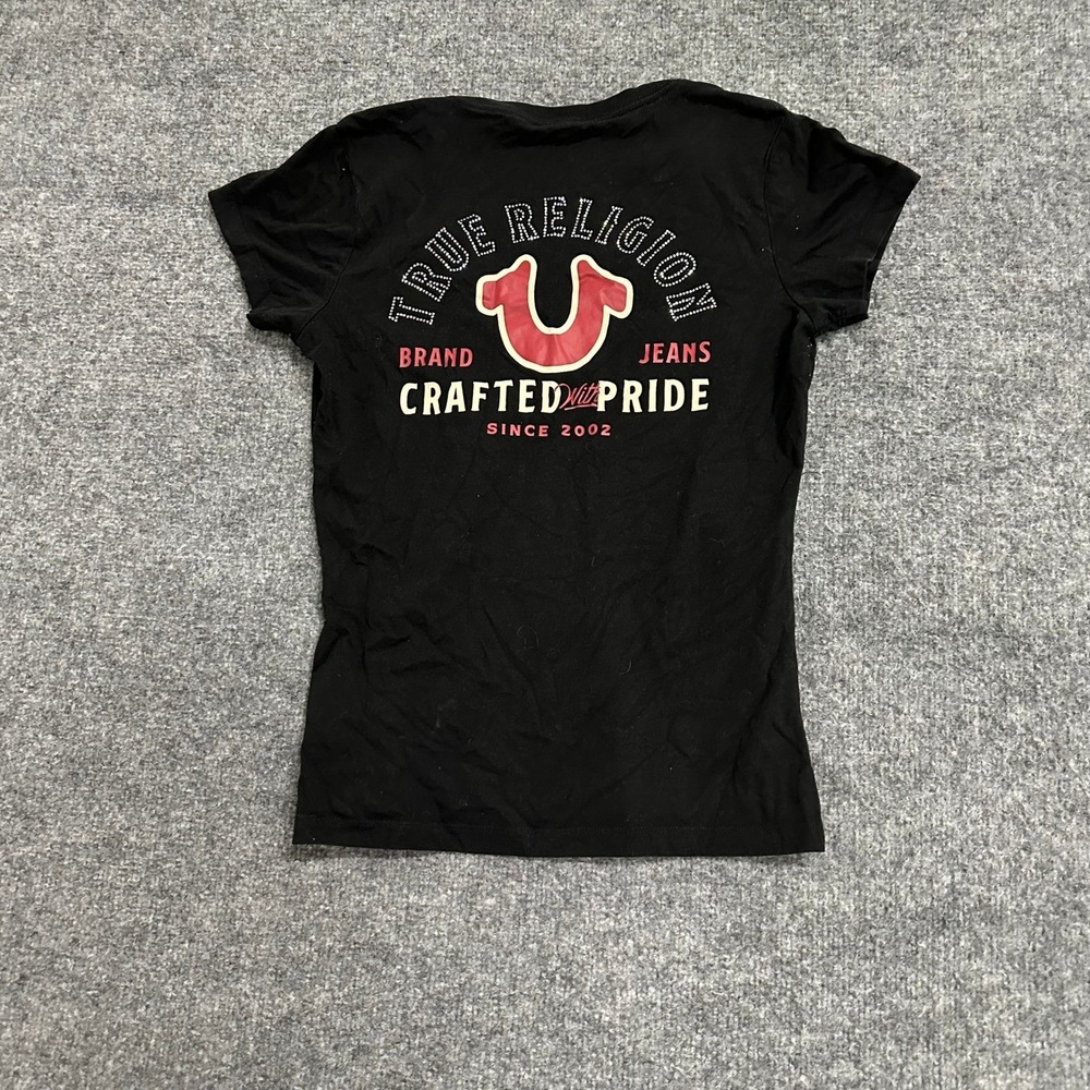 True Religion T-Shirt Womens Size Small Black Rhinestone Slim Fit V-Neck Y2K